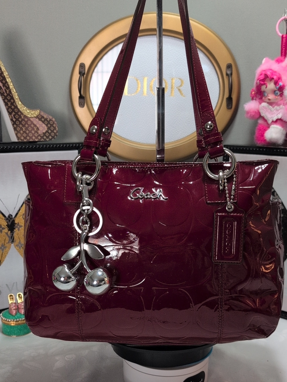 Vintage Coach GALLERIA Signature Embossed patent Leather - Wine/ Silver 💥